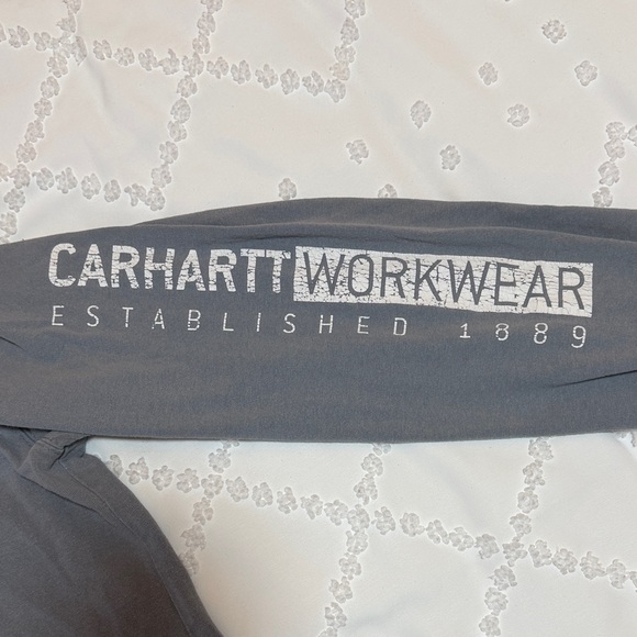 Carhartt Slate Blue Long Sleeve Pocket Tee with Sleeve Logo Cropped Rough Hem - Picture 8 of 8